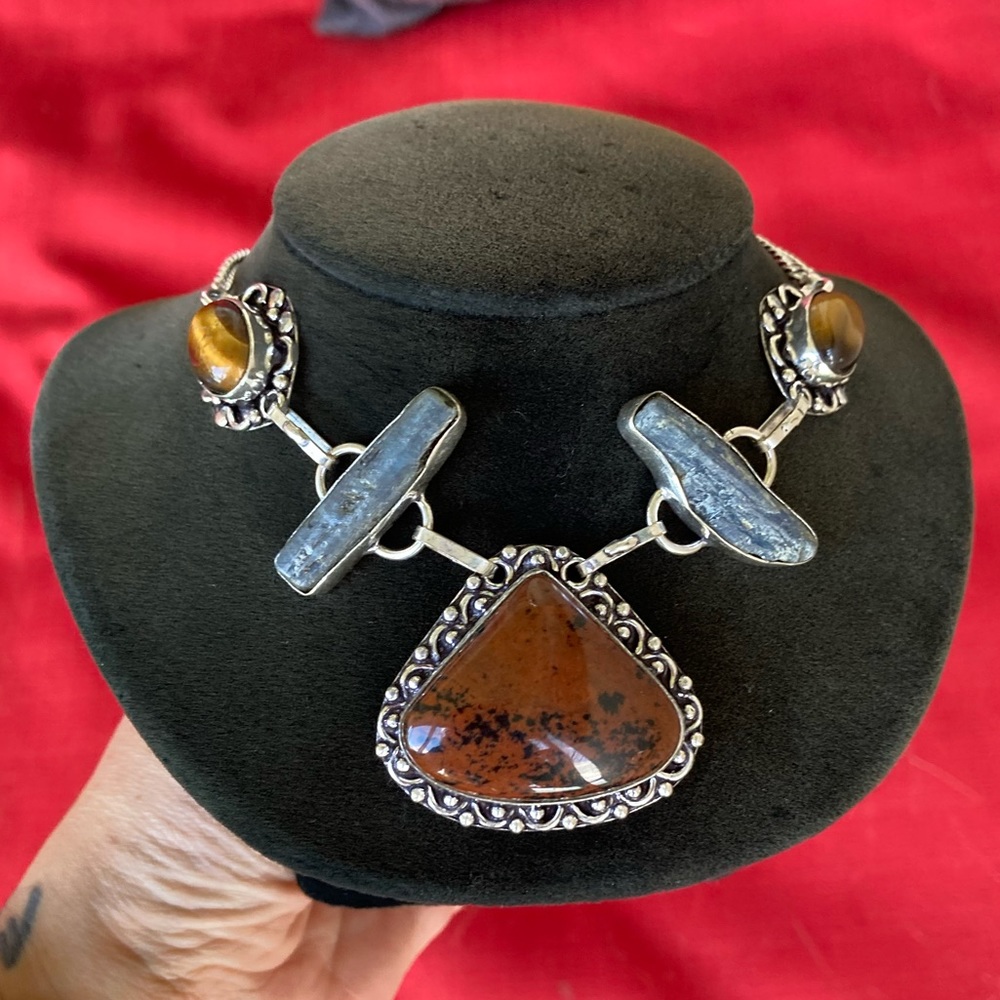 925 sterling silver overlay red jasper tiger eye kyanite gemstone boho necklace - Picture 14 of 16